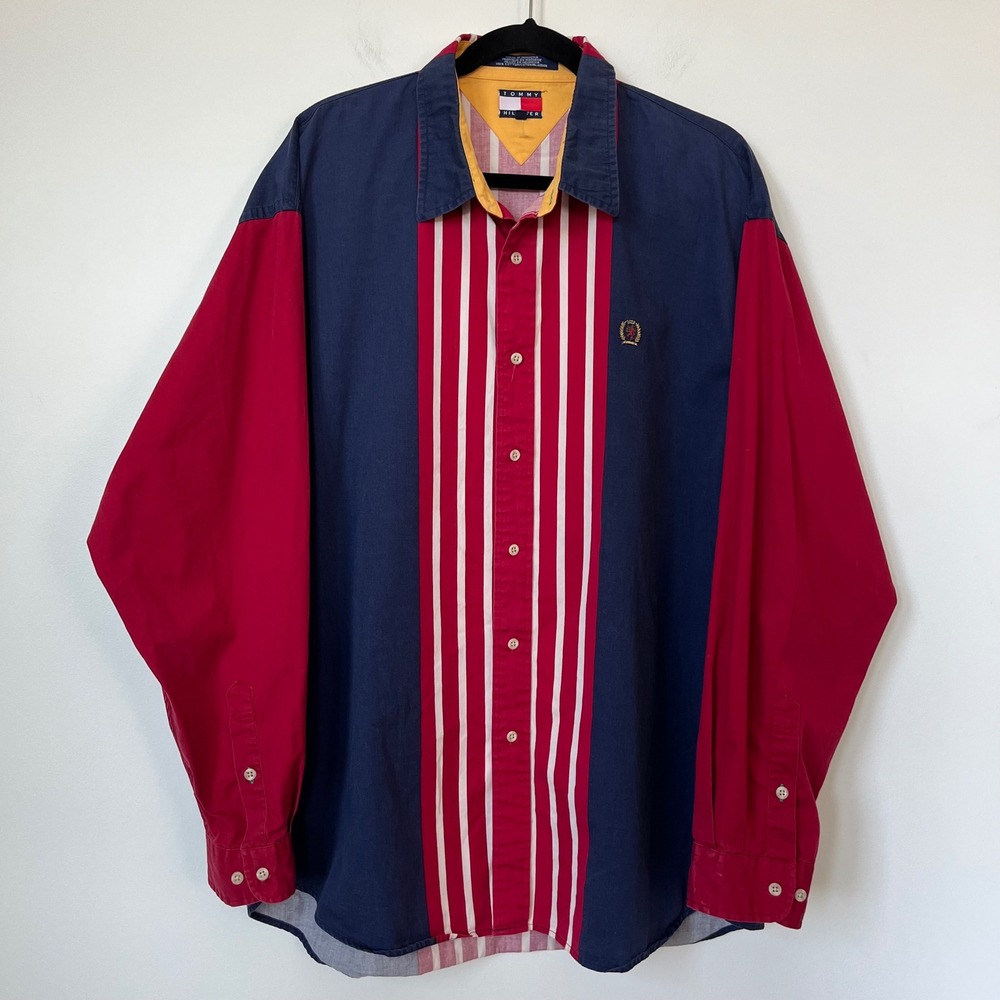 Vintage Tommy Hilfiger 90s Colorblock Button Down Shirt Crest Stripe Mens XL Red
